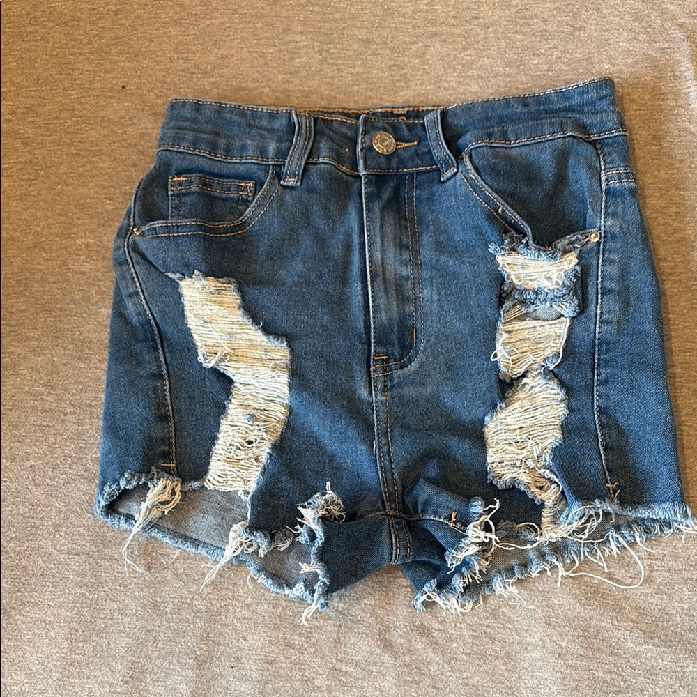 Distressed Denim Blue Shorts